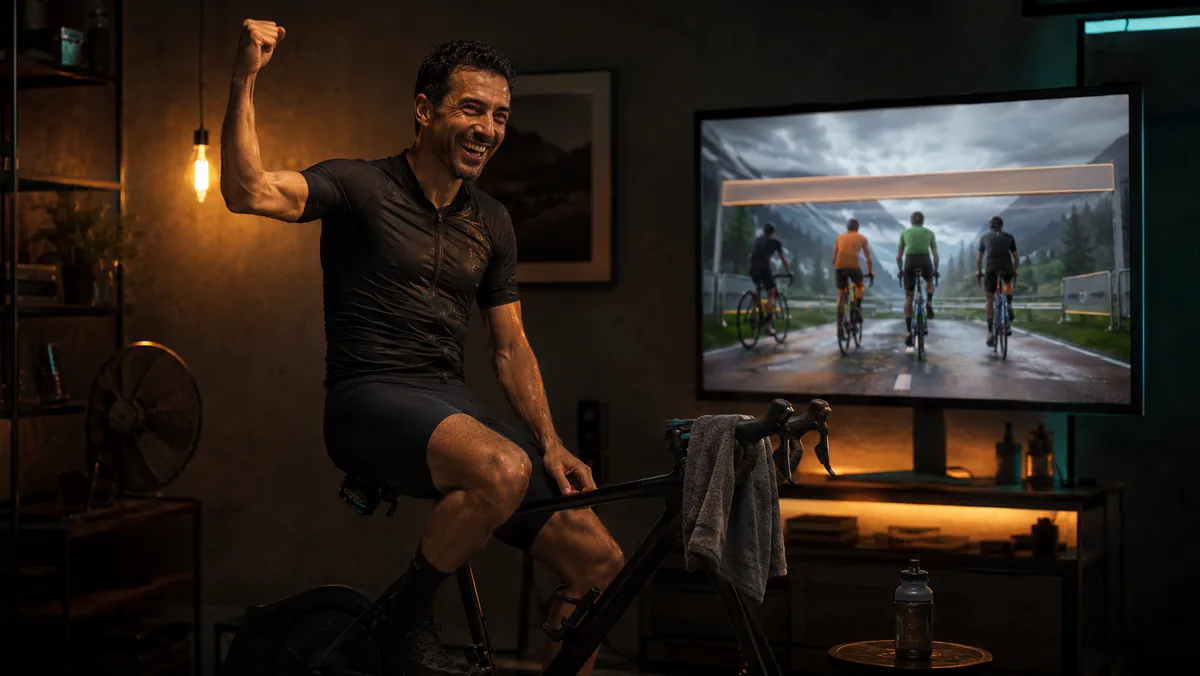 Cycliste célébrant la fin d’une sortie virtuelle en groupe.