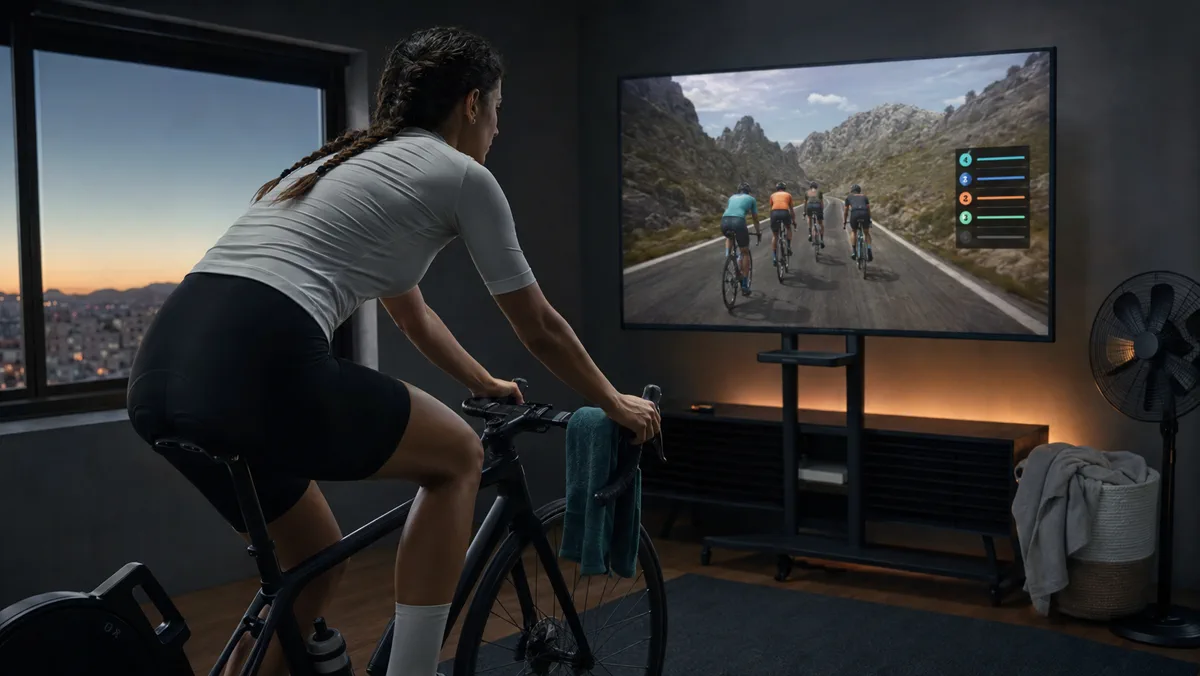 Cycliste s’entraînant chez elle face à une route virtuelle partagée.