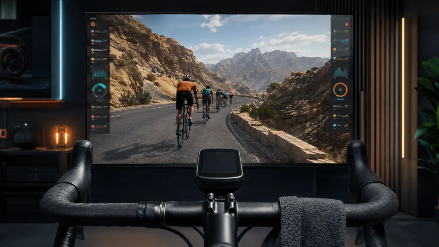 Vue depuis un vélo d’intérieur face à une sortie cycliste virtuelle en montagne.